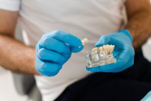 dentist holding a model with dental implants during a consultation